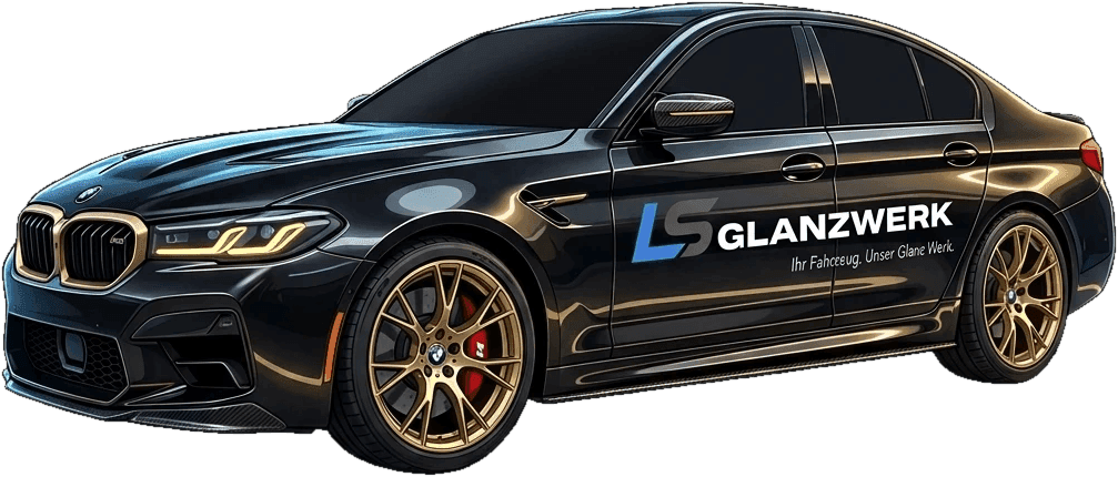Ein von LS Glanzwerk aufbereiteter schwarzer BMW M5 mit LS-Glanzwerk-Logo